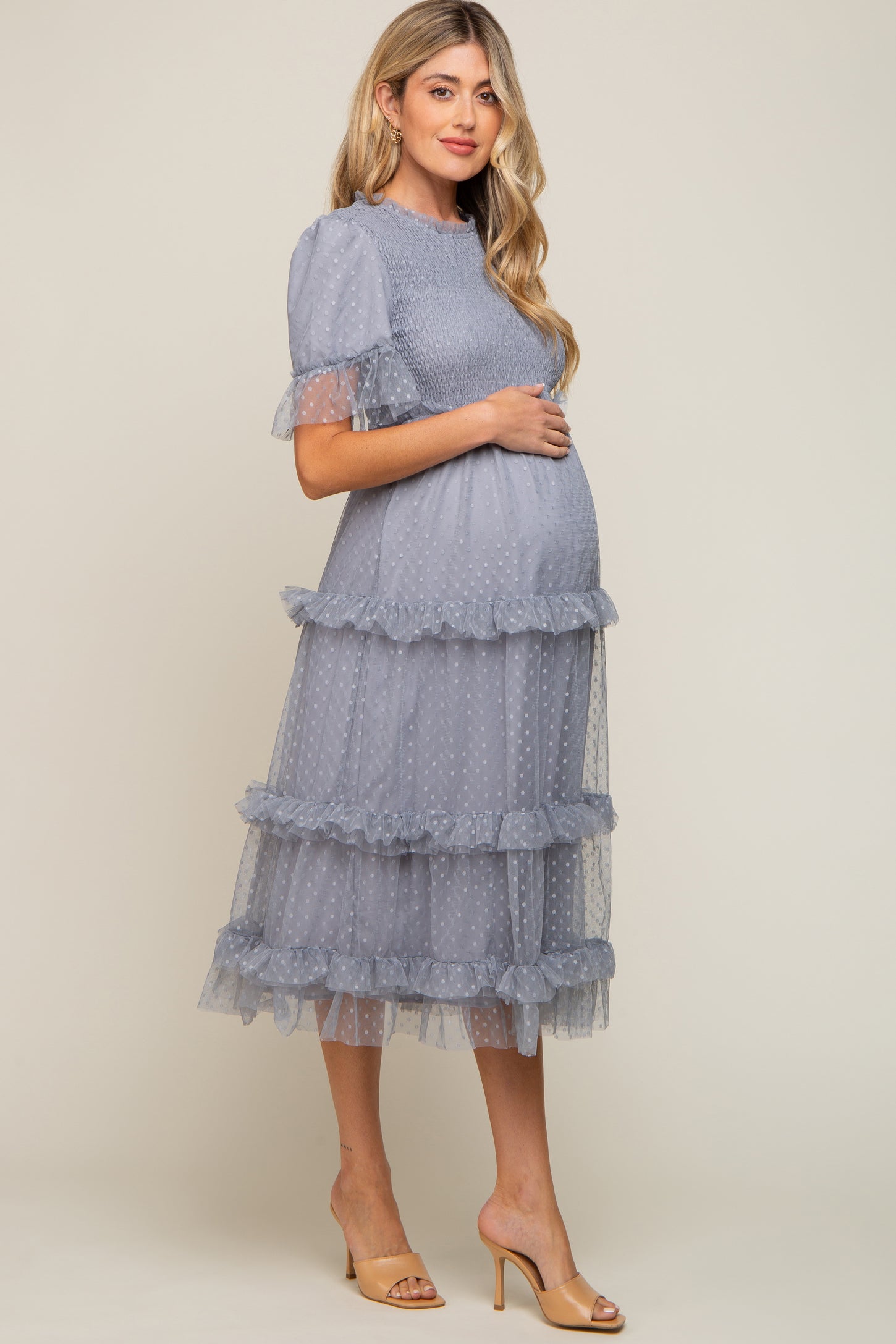 Light Blue Polka Dot Tulle Smocked Maternity Midi Dress – PinkBlush