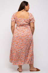 Peach Floral Sweetheart Drawstring Neck Short Sleeve Plus Midi Dress