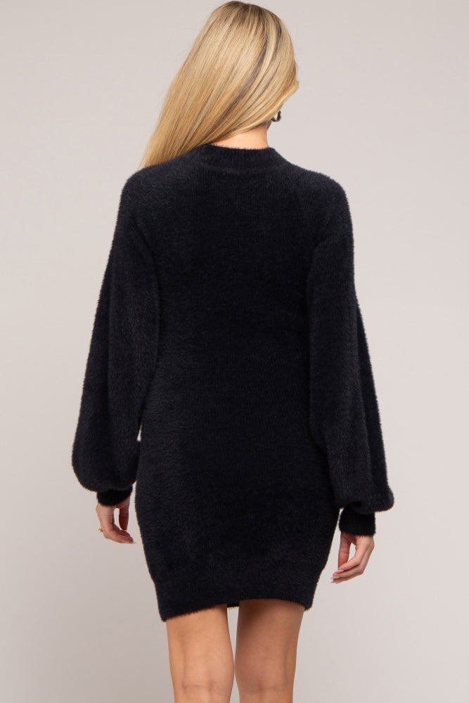Black Fuzzy Knit Puff Sleeve Maternity Sweater Dress Black Fuzzy Knit Puff Sleeve Maternity Sweater Dress