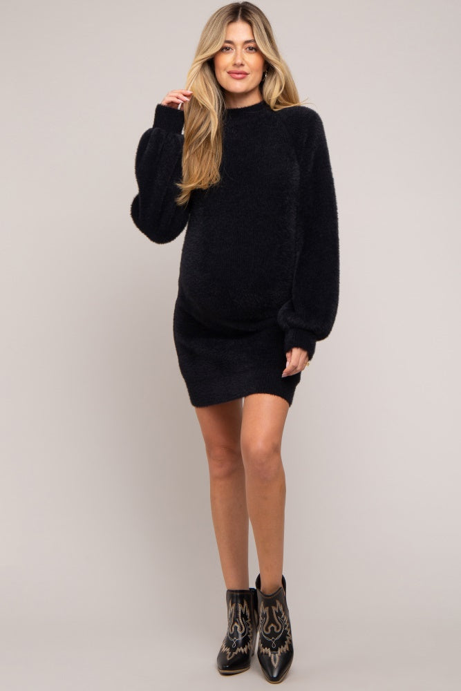 Black Fuzzy Knit Puff Sleeve Maternity Sweater Dress – PinkBlush