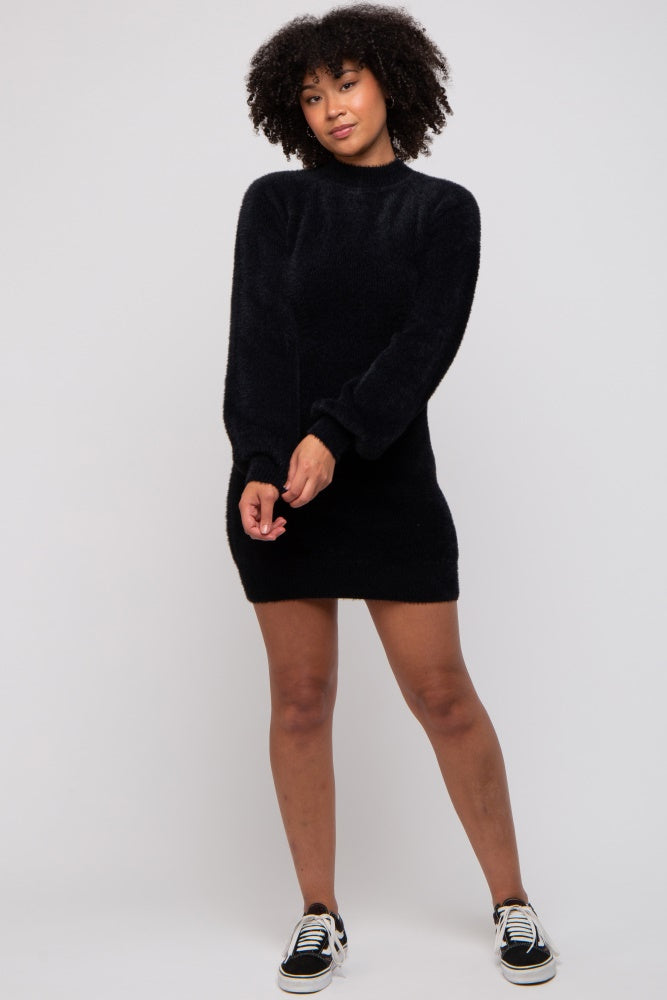 Black Fuzzy Knit Puff Sleeve Sweater Dress – PinkBlush