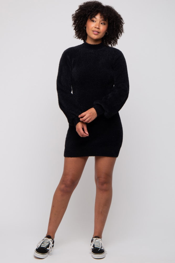 Black Fuzzy Knit Puff Sleeve Sweater Dress PinkBlush Black Fuzzy Knit Puff Sleeve Sweater Dress PinkBlush