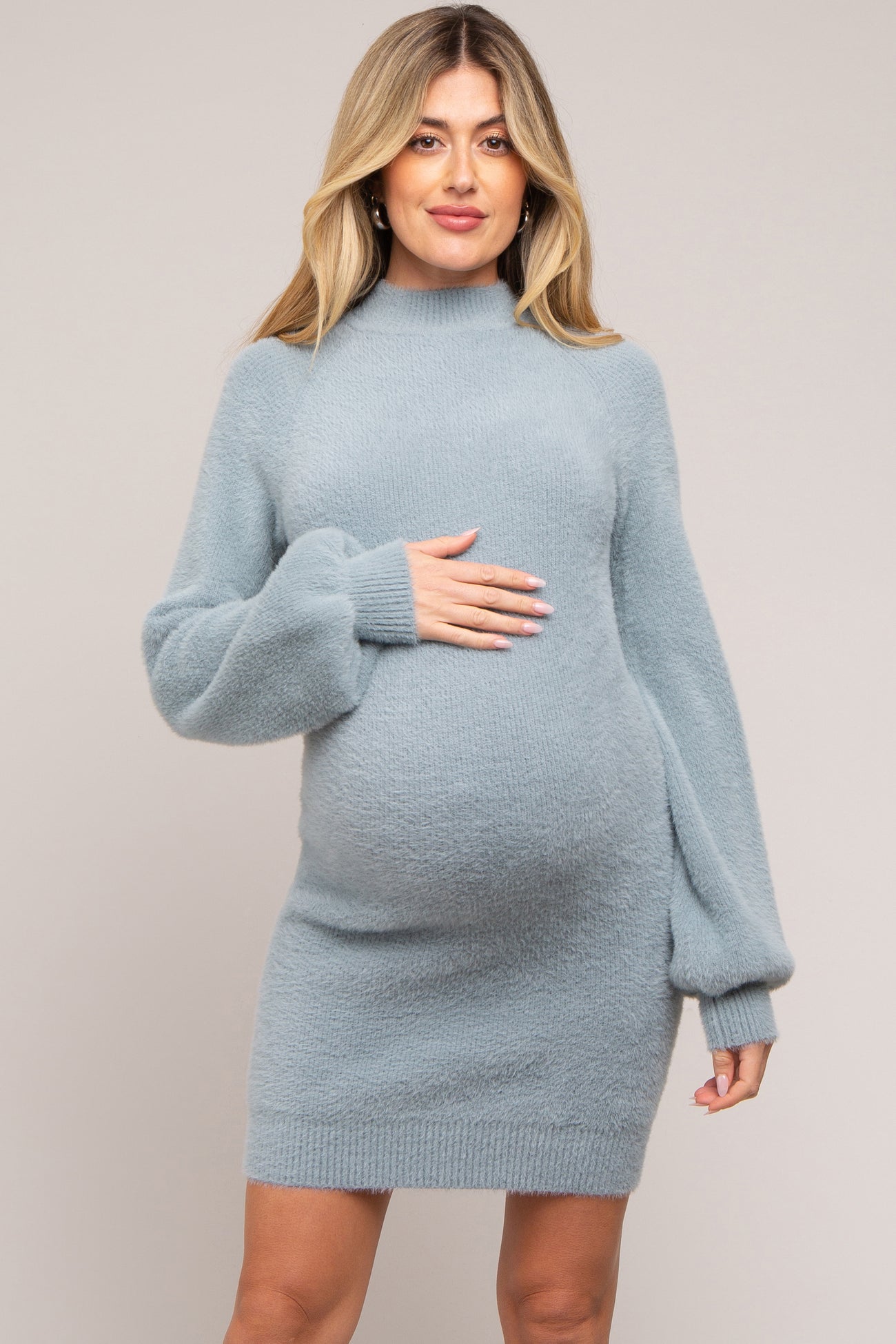 Light Blue Fuzzy Knit Puff Sleeve Maternity Sweater Dress – PinkBlush