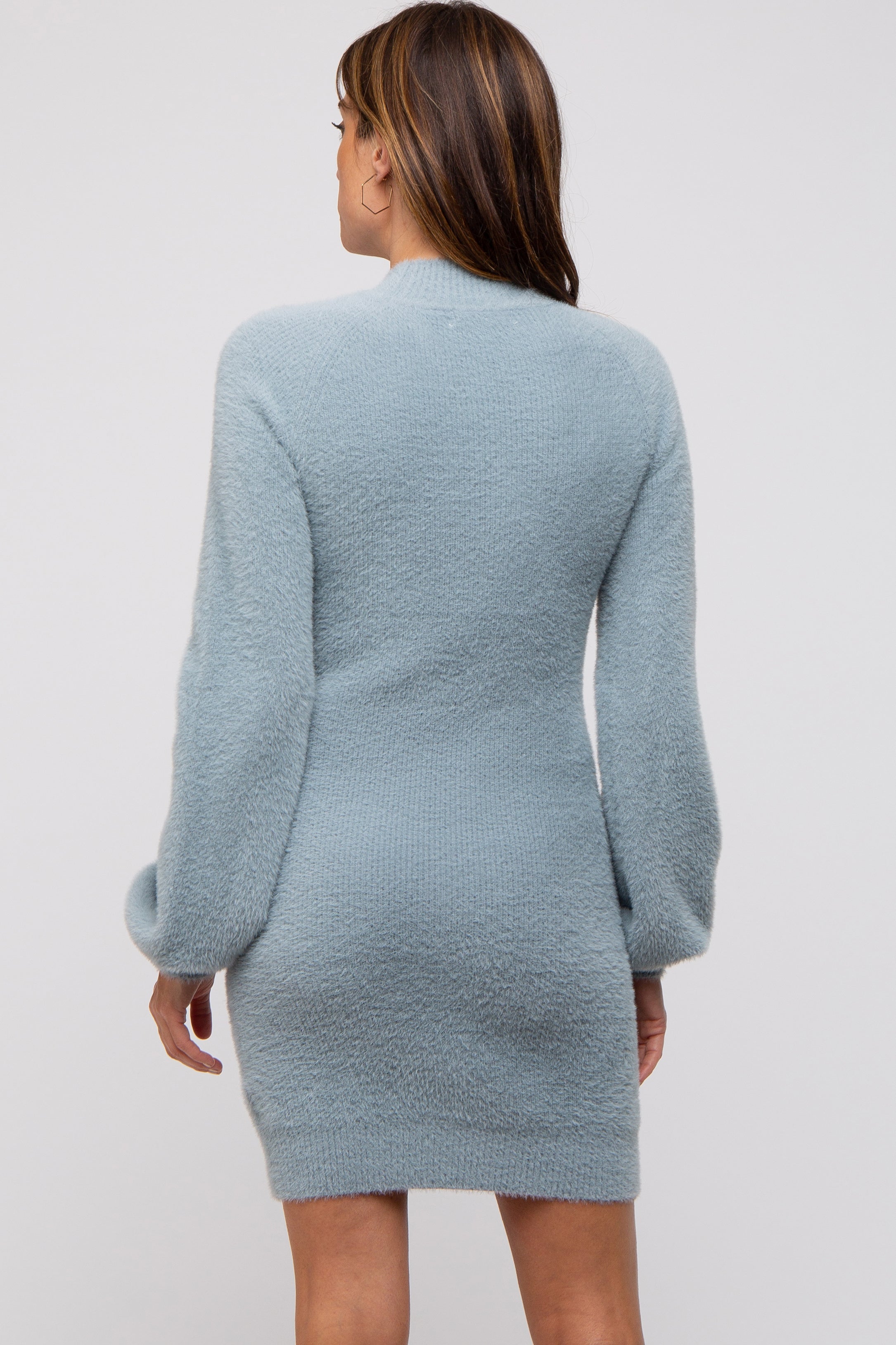 pale blue sweater dress Light Blue Fuzzy Knit Puff Sleeve Sweater Dress