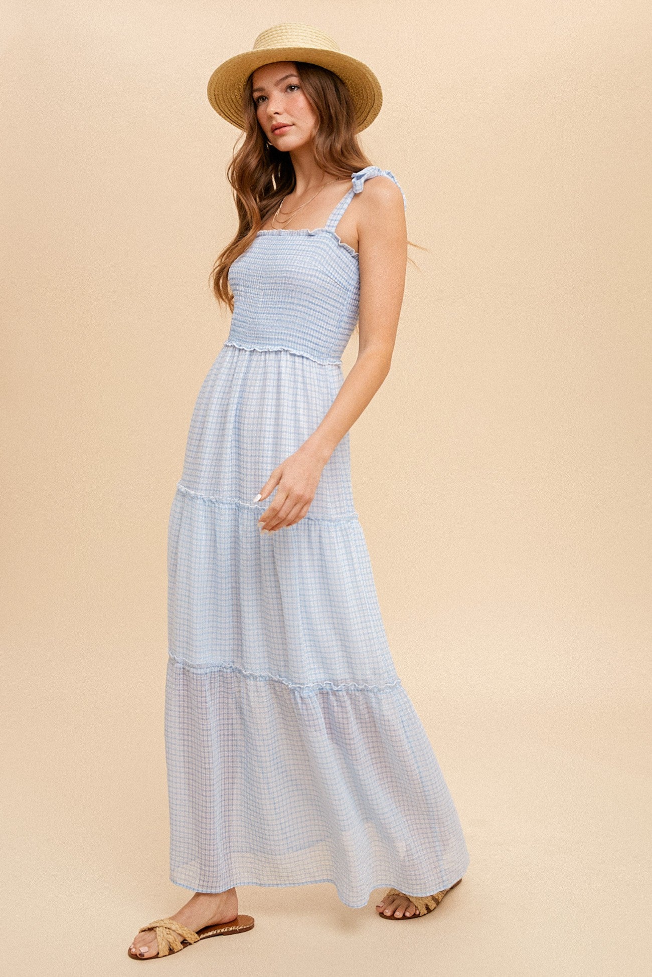 Blue Tie Shoulder Smock Tiered Check Chiffon Dress PinkBlush Blue Tie Shoulder Smock Tiered Check Chiffon Dress PinkBlush