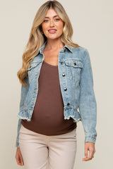 Light Blue Denim Ruffle Trim Maternity Jacket