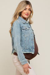 Light Blue Denim Ruffle Trim Maternity Jacket