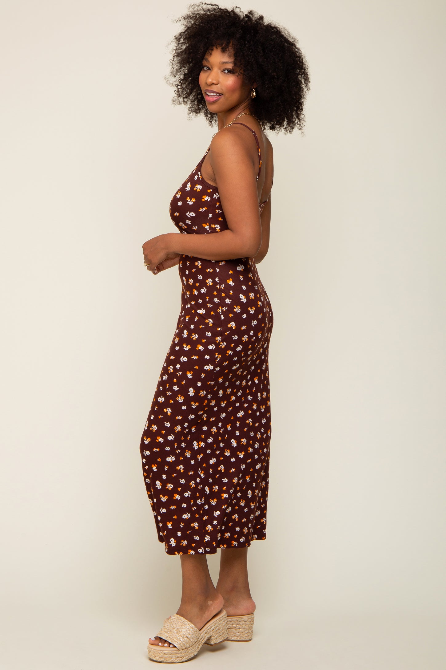 Brown Floral Sleeveless Midi Dress