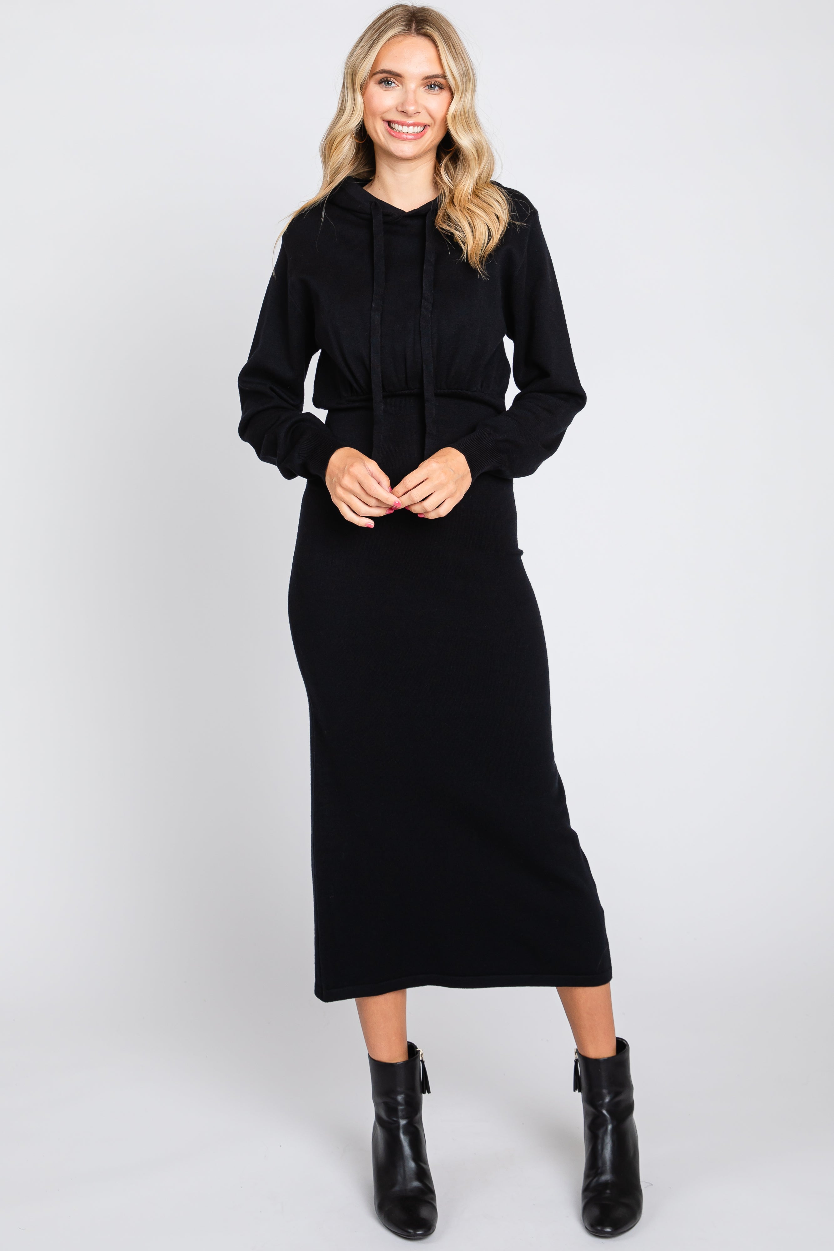 Black Knit Hooded Long Sleeve Dress Large