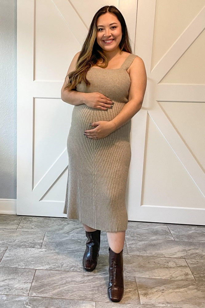 Beige Sweater Knit A-Line Maternity Midi Dress PinkBlush Beige Sweater Knit A-Line Maternity Midi Dress PinkBlush