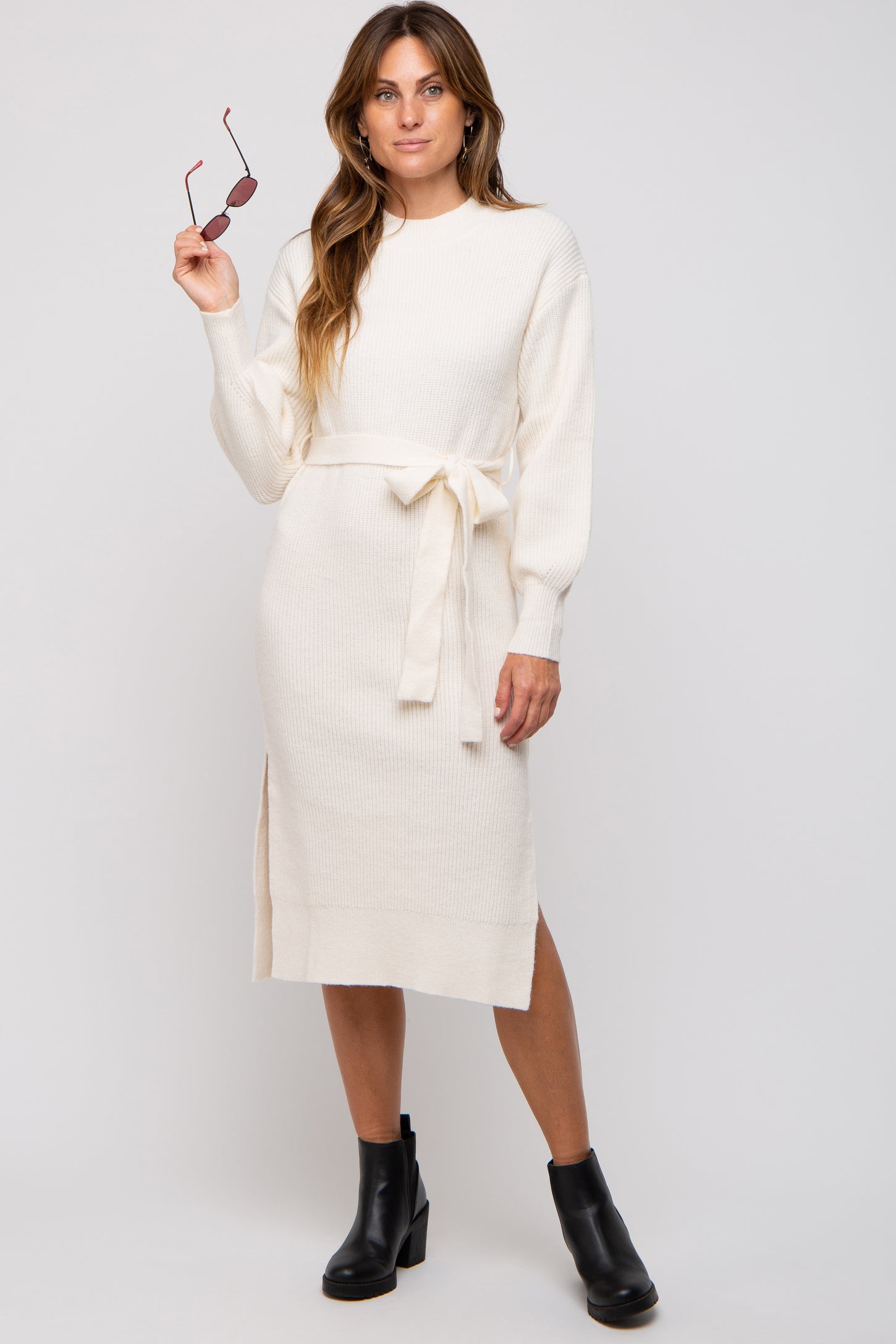 Ivory Side Slit Maternity Sweater Midi Dress PinkBlush Ivory Side Slit Maternity Sweater Midi Dress PinkBlush