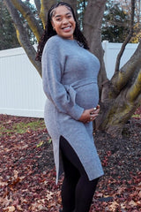 Heather Grey Side Slit Maternity Sweater Midi Dress