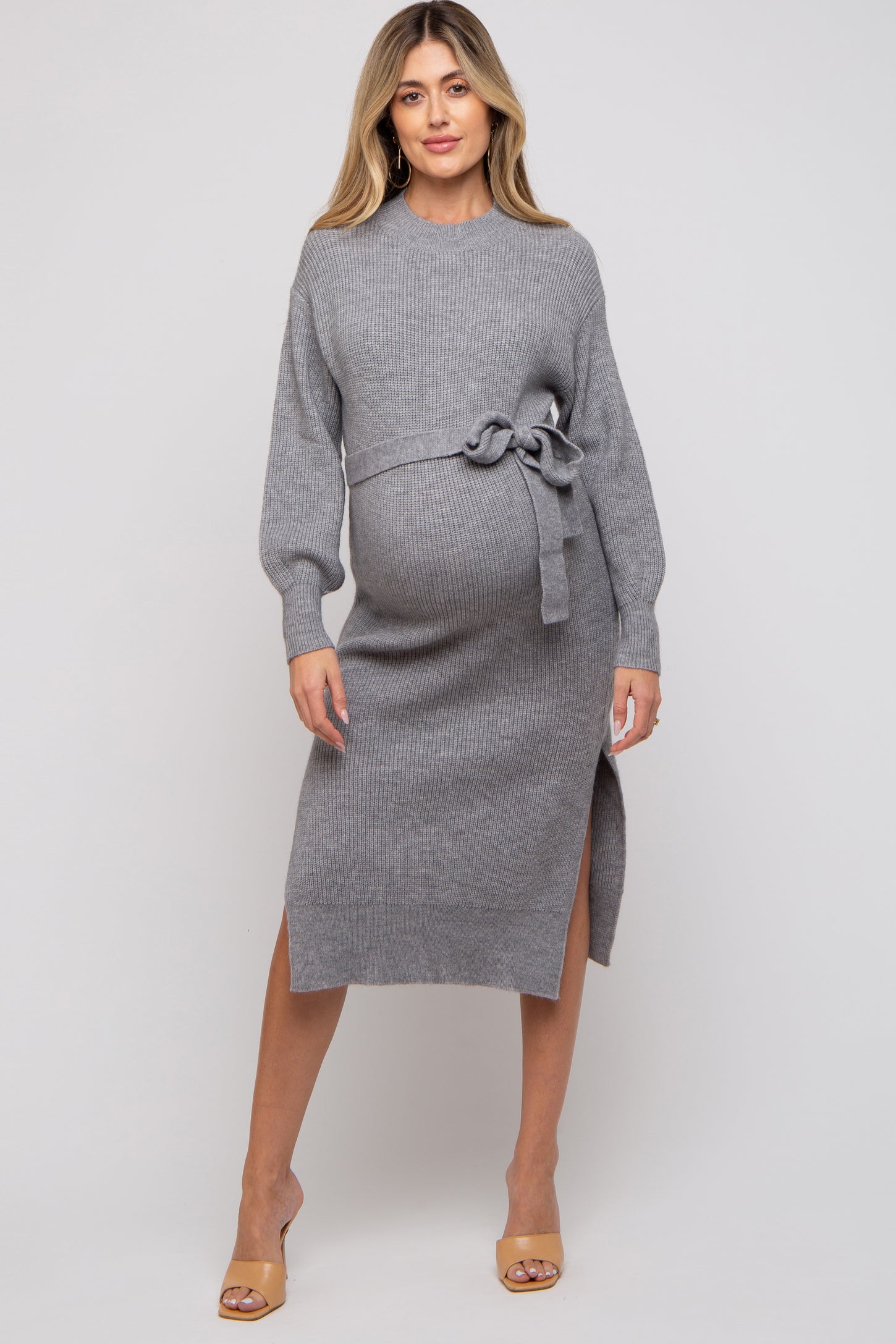 Heather Grey Side Slit Maternity Sweater Midi Dress Heather Grey Side Slit Maternity Sweater Midi Dress