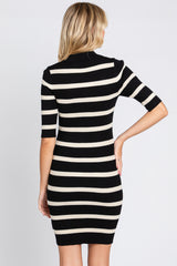 Black Striped Rib Knit Collared Dress