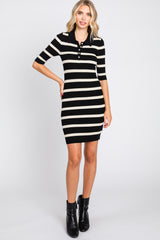 Black Striped Rib Knit Collared Dress