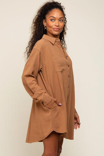 Camel Pinstriped Button-Down Linen Dress
