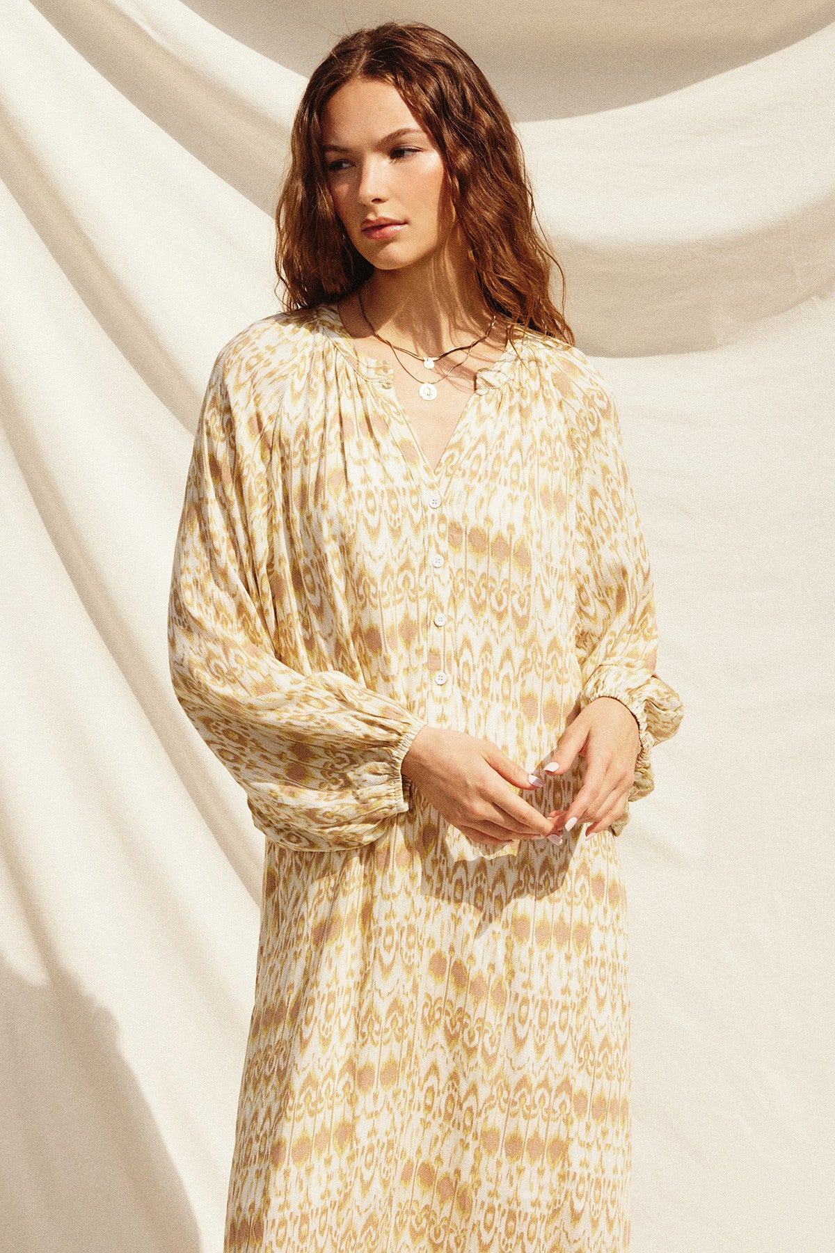 Cream Button Front Split V-Neck Side Slit Maternity Midi Dress