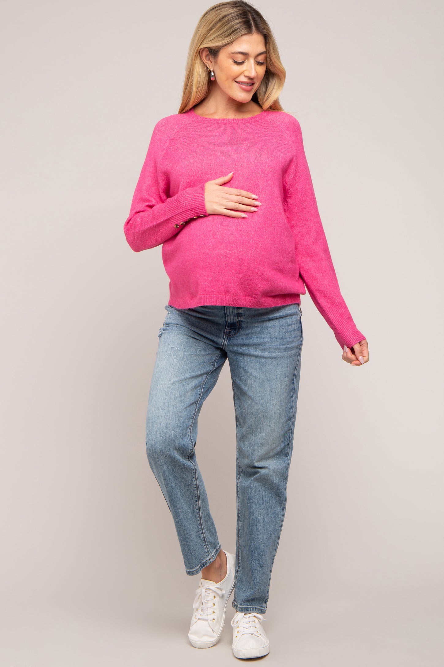 Fuchsia Button Accent Solid Maternity Sweater