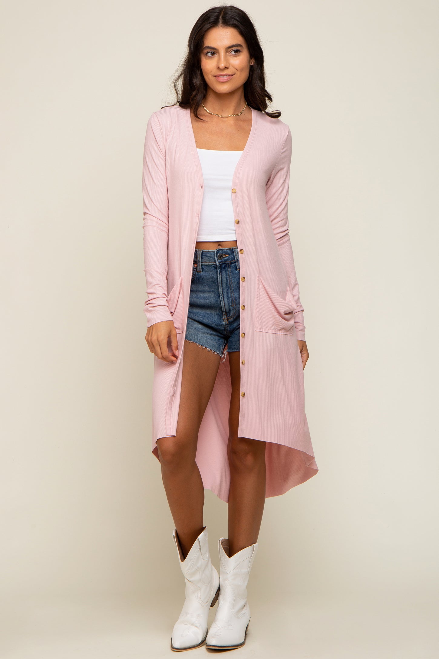 Light Pink Button Front Knit Maternity Cardigan