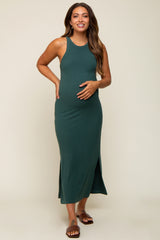 Teal Sleeveless Ribbed Side Slit Maternity Maxi Dress