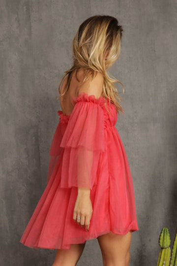 Coral Off Shoulder Tulle Dress