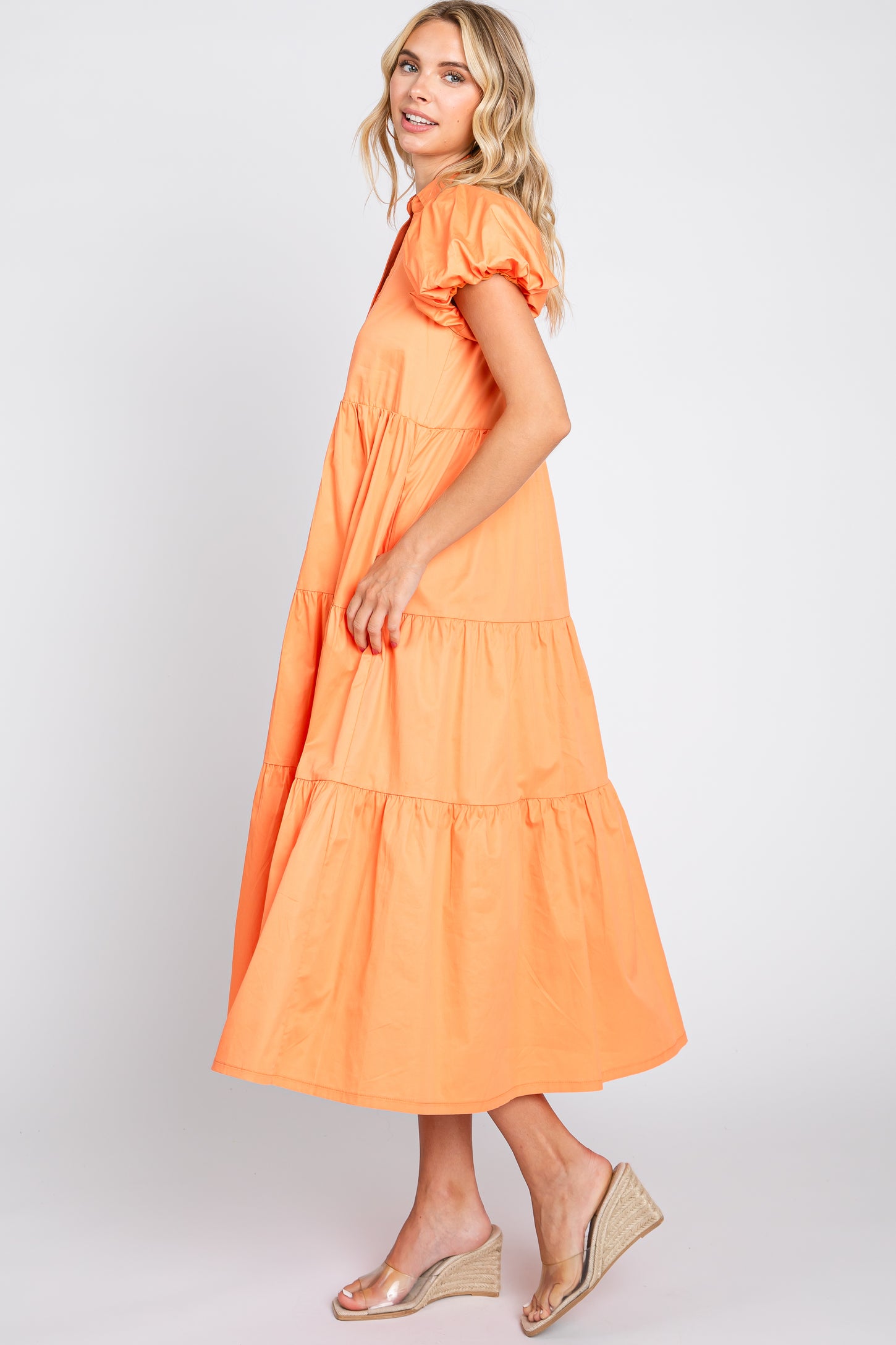Orange Puff Sleeve Button Down Midi Dress Orange Puff Sleeve Button Down Midi Dress