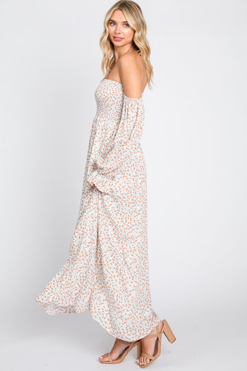 Cream Floral Square Neck Smocked Long Sleeve Maxi Dress