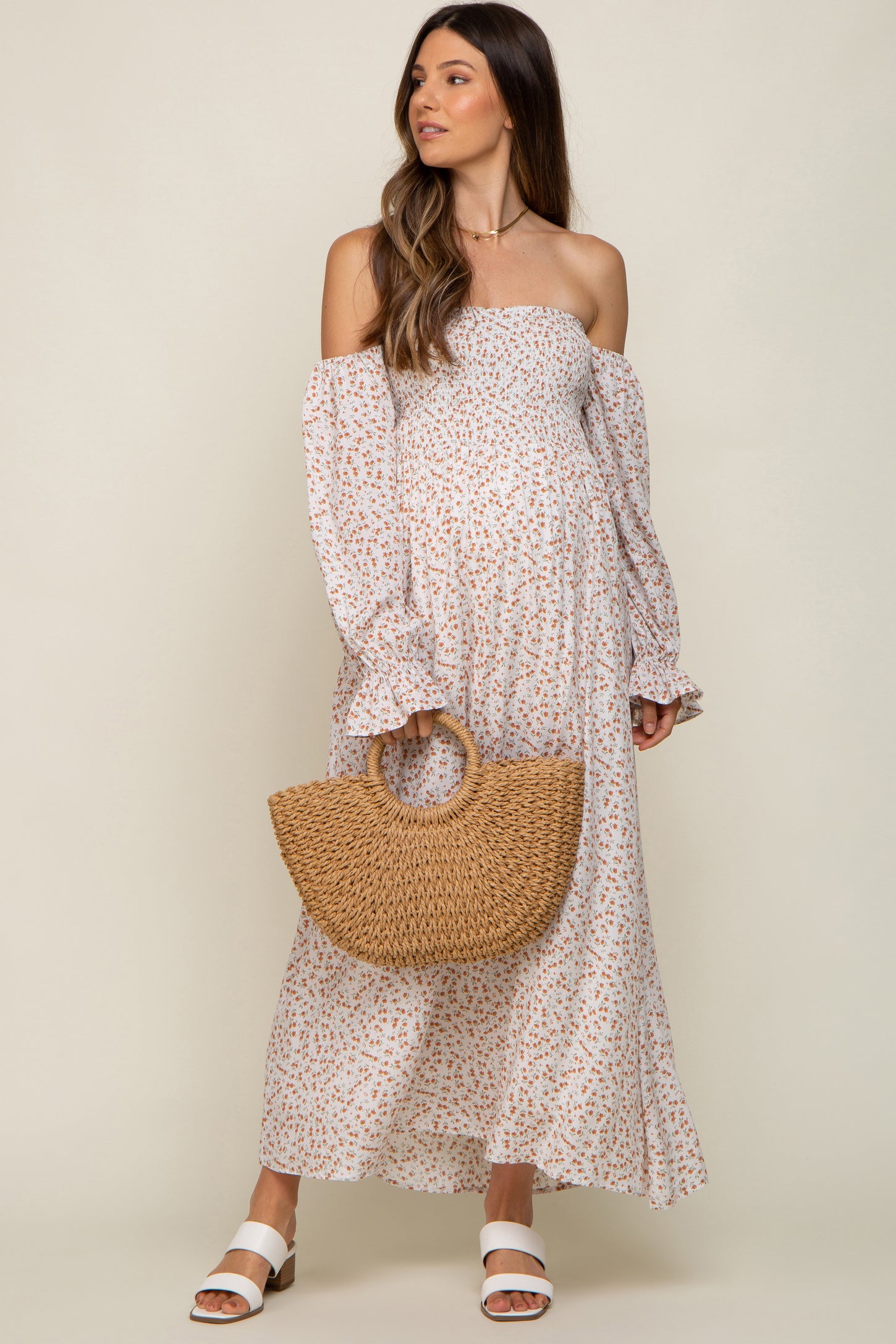 Cream Floral Square Neck Smocked Long Sleeve Maxi Dress Large Cream Floral Square Neck Smocked Long Sleeve Maxi Dress Large