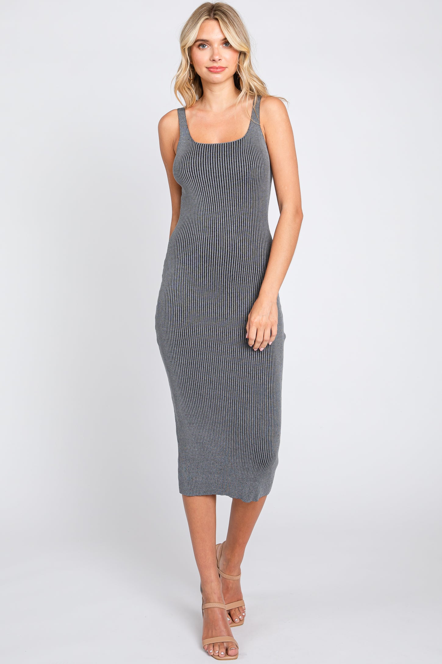 Grey Rib Knit Lace Up Back Midi Dress