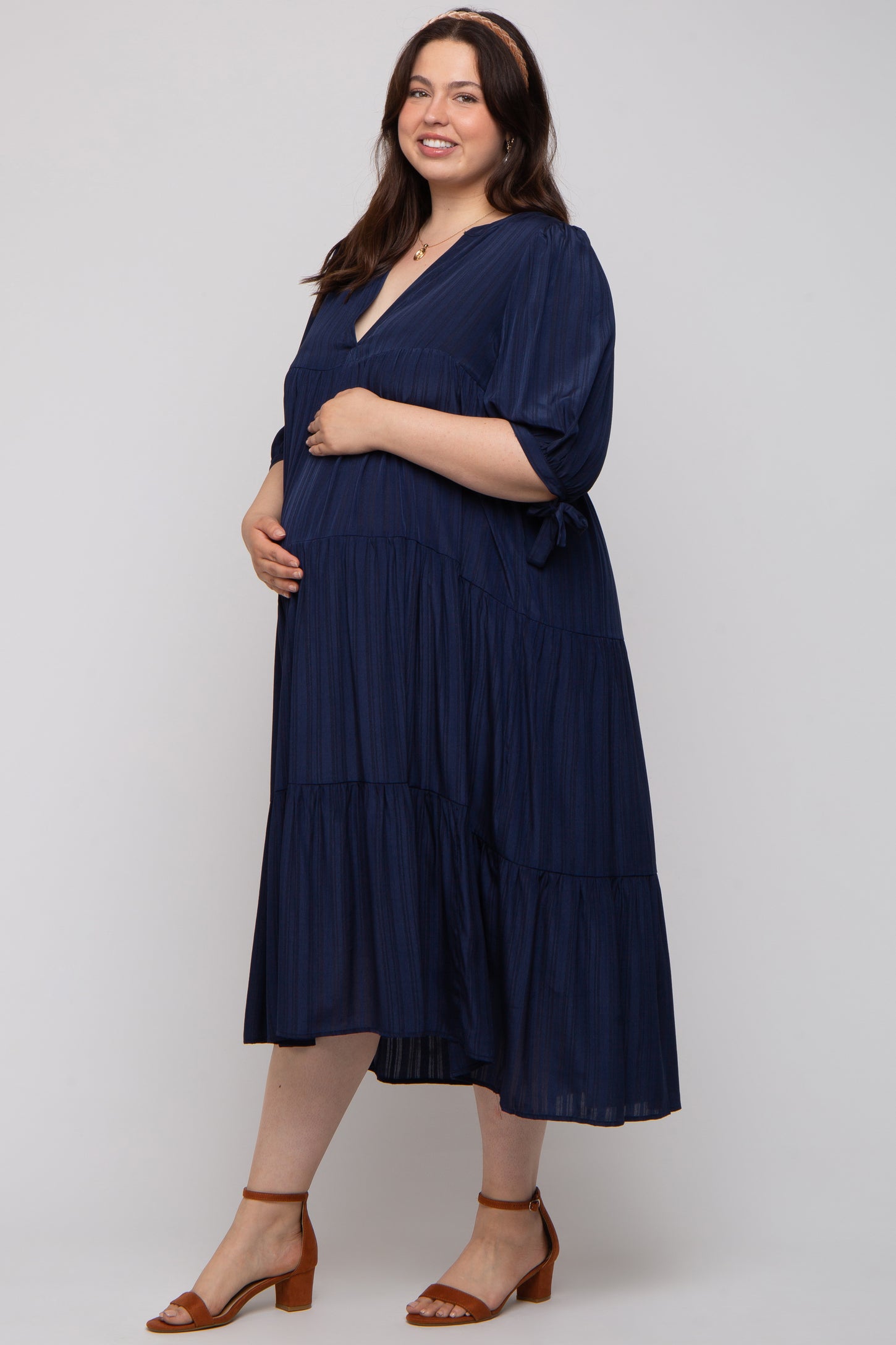 Navy Blue Striped Tiered Maternity Plus Midi Dress PinkBlush Navy Blue Striped Tiered Maternity Plus Midi Dress PinkBlush