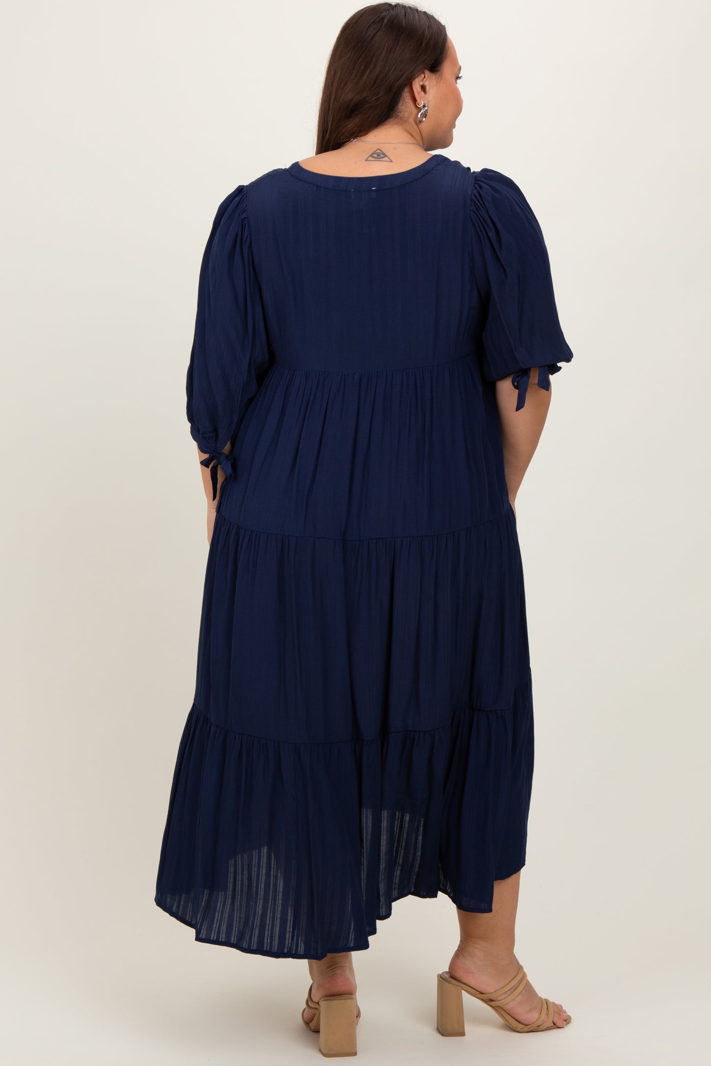 Navy Blue Striped Tiered Plus Midi Dress PinkBlush Navy Blue Striped Tiered Plus Midi Dress PinkBlush