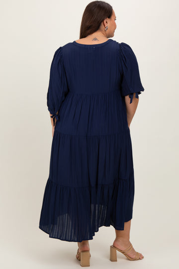 Navy Blue Striped Tiered Plus Midi Dress