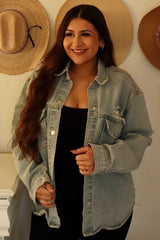 Light Blue Front Pocket Denim Maternity Shacket