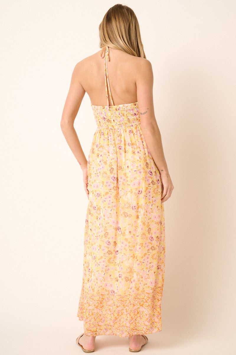 Orange Combo Flower Border Print Ruching Detail Maxi Dress
