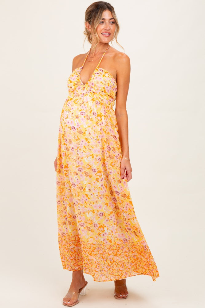 Orange Combo Flower Border Print Ruching Detail Maternity Maxi Dress