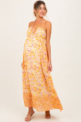 Orange Combo Flower Border Print Ruching Detail Maternity Maxi Dress