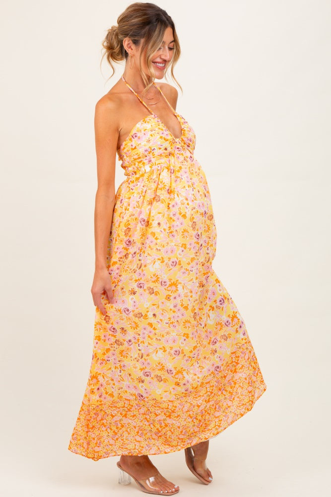 orange flower print dress Teava Laced Waist Maxi Dress Floral Orange