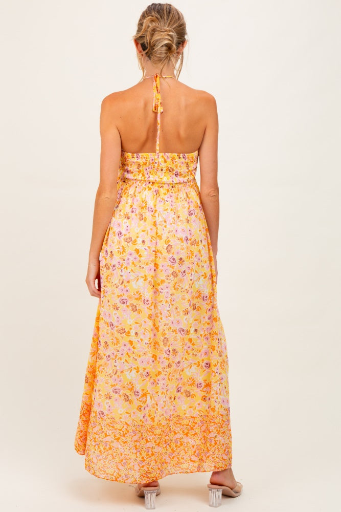 Orange Combo Flower Border Print Ruching Detail Maternity Maxi Dress