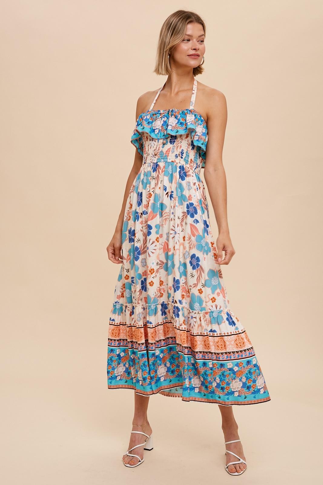 knee length dresses for ladies Cyan Blossoms Floral Smocked Ruffle Midi Dress Aqua Blue / L