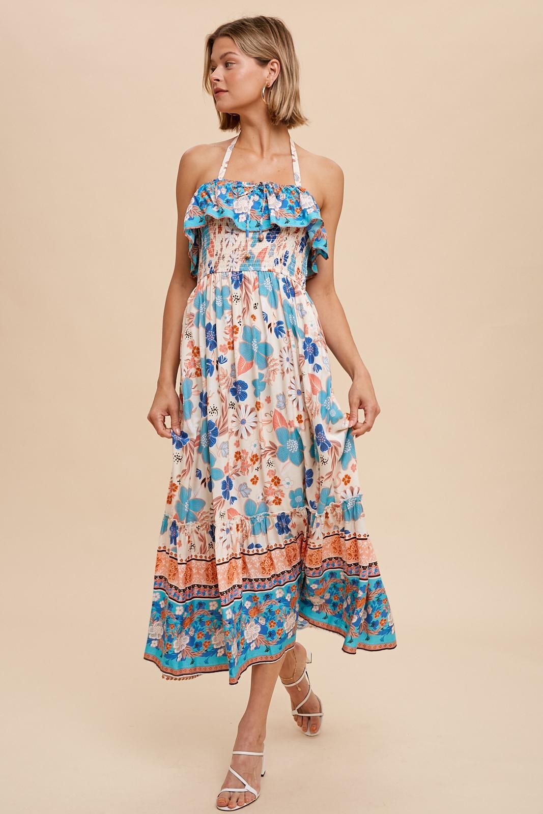aqua smocked midi dress Aqua Multi Print Collared Neck Smocked Frill Shoulder Tiered Midi Dress *FINAL SALE*