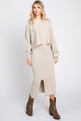 Beige Knit Long Sleeve Crop Top Midi Skirt Set
