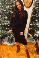 Black Knit Long Sleeve Crop Top Midi Skirt Set