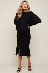 Black Knit Long Sleeve Crop Top Maternity Midi Skirt Set