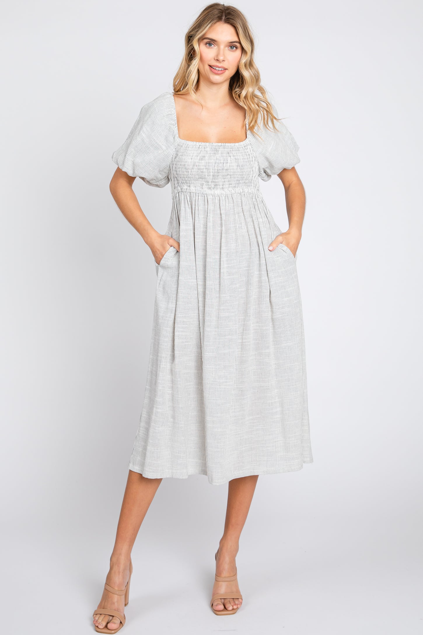 linen smocked midi dress Alila Smocked Linen Midi Dress