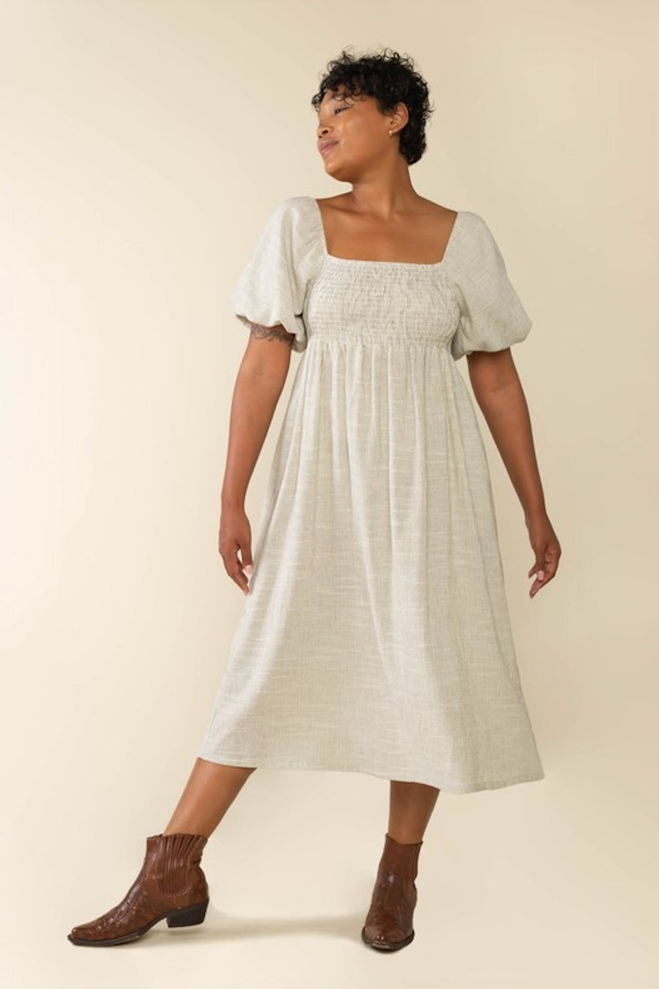 chinese dress ladies Ivory Striped Linen Smocked Short Puff Sleeve Plus Midi Dress – PinkBlush