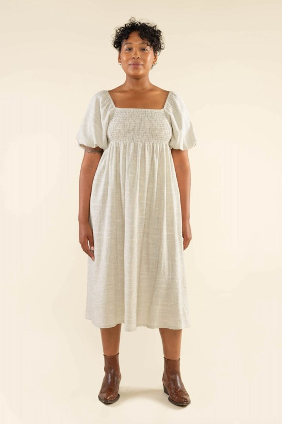 Ivory Striped Linen Smocked Short Puff Sleeve Plus Midi Dress PinkBlush Ivory Striped Linen Smocked Short Puff Sleeve Plus Midi Dress PinkBlush