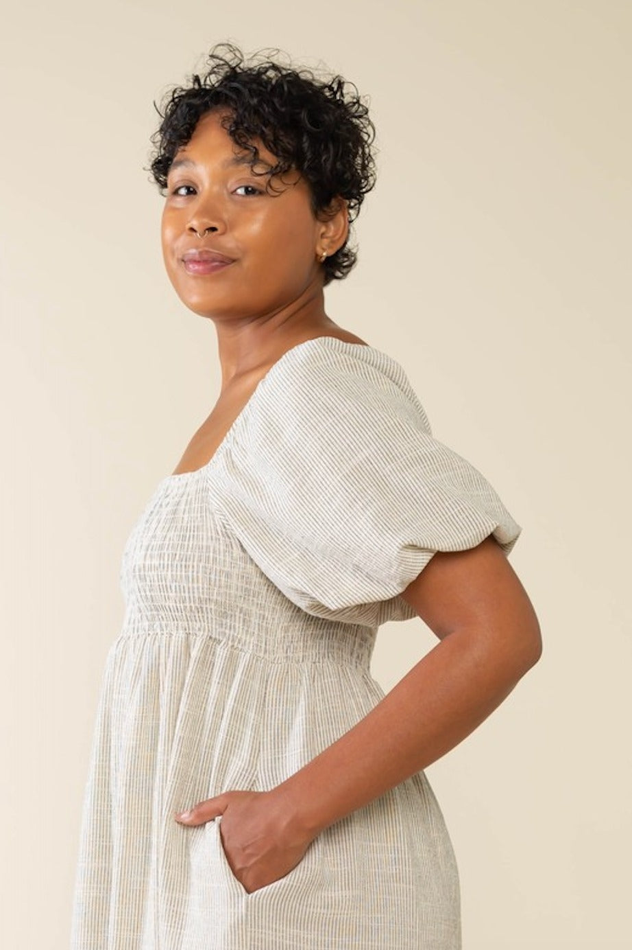 Ivory Striped Linen Smocked Short Puff Sleeve Plus Midi Dress PinkBlush Ivory Striped Linen Smocked Short Puff Sleeve Plus Midi Dress PinkBlush