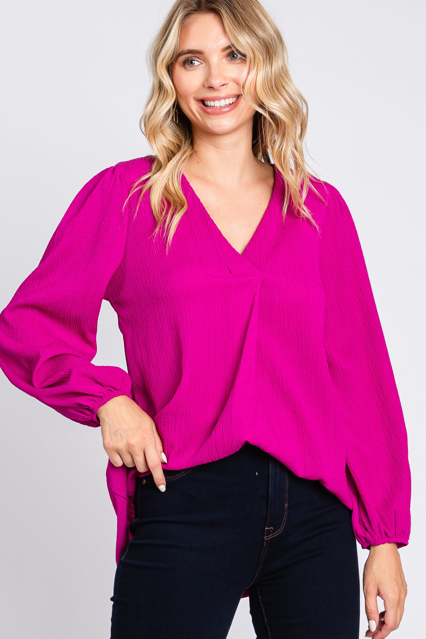 Magenta Textured Long Sleeve Blouse