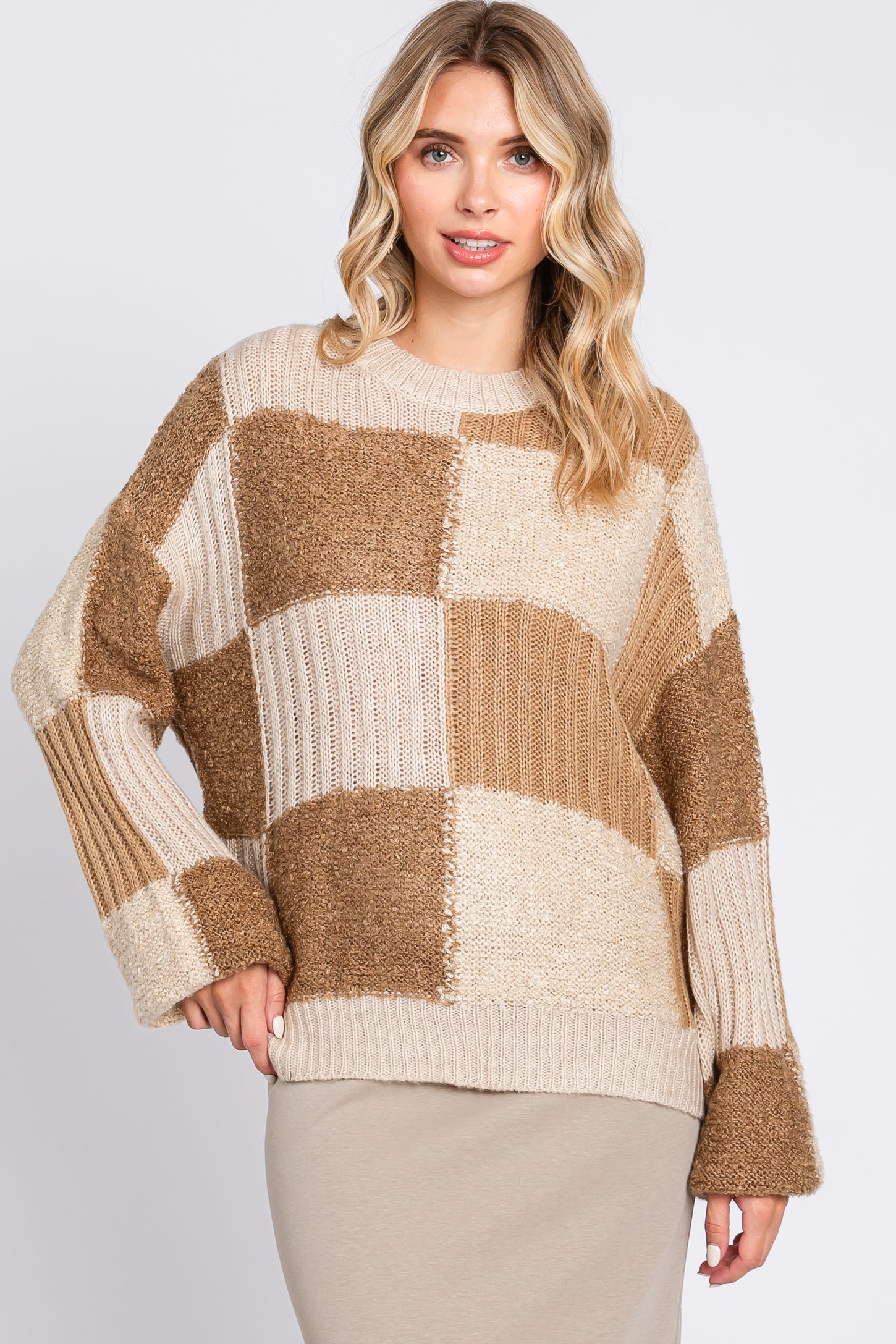 Mocha Multi-Textured Checkered Sweater