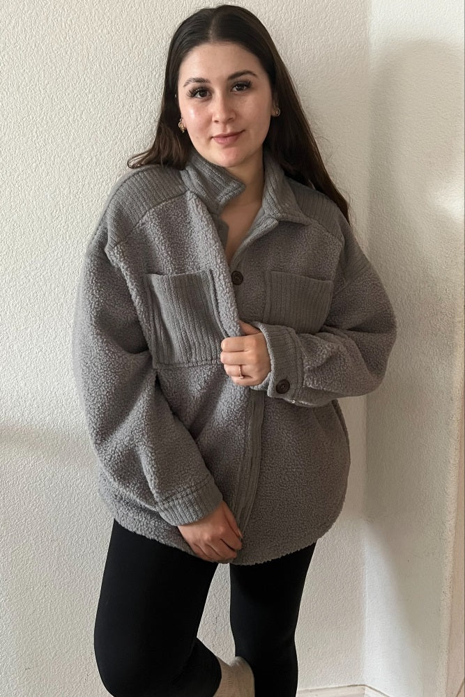 Grey Colorblock Fleece Shirt Jacket